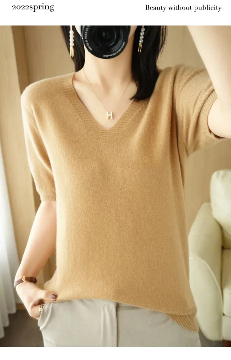 Solid Color V-neck Half-sleeved Knitted Cashmere Sweater Thin Casual Top