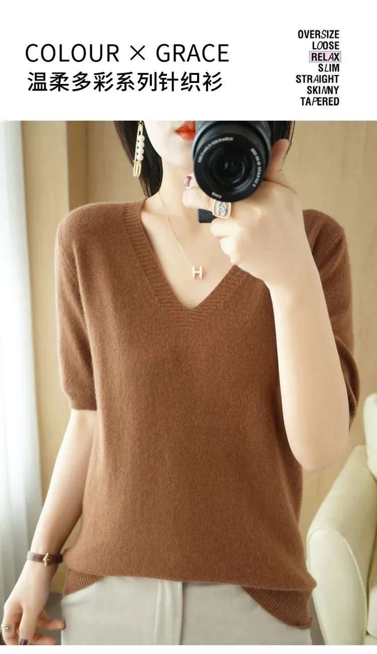 Solid Color V-neck Half-sleeved Knitted Cashmere Sweater Thin Casual Top