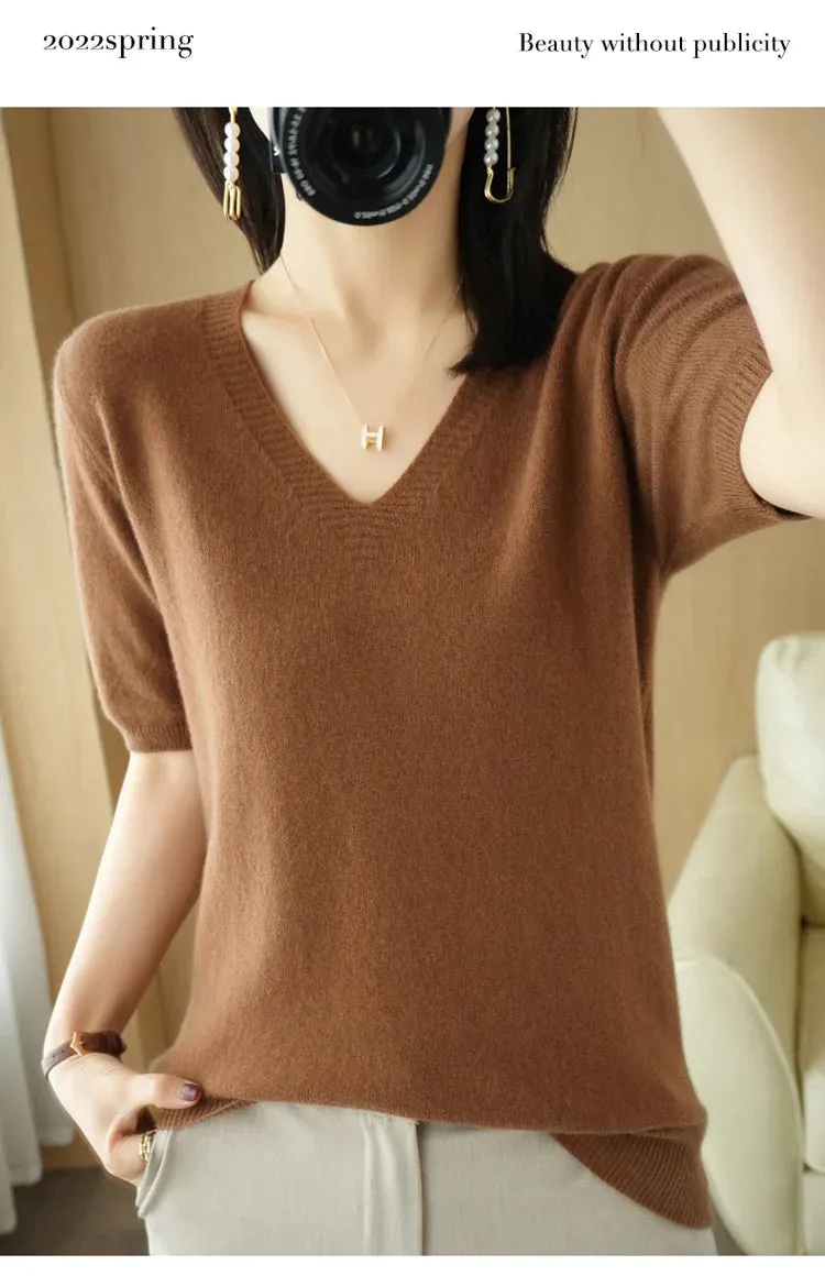 Solid Color V-neck Half-sleeved Knitted Cashmere Sweater Thin Casual Top