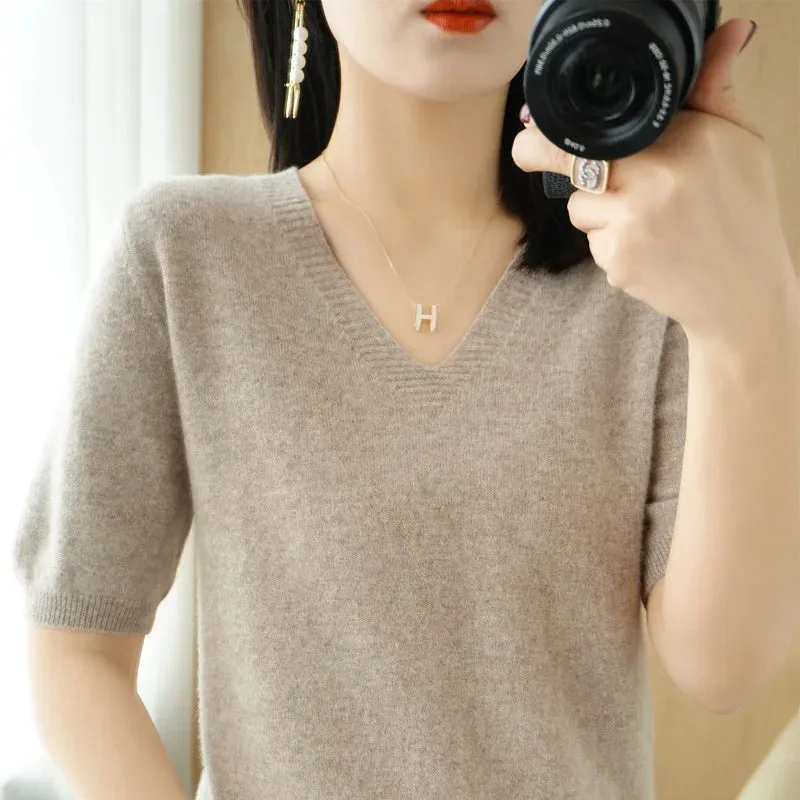 Solid Color V-neck Half-sleeved Knitted Cashmere Sweater Thin Casual Top