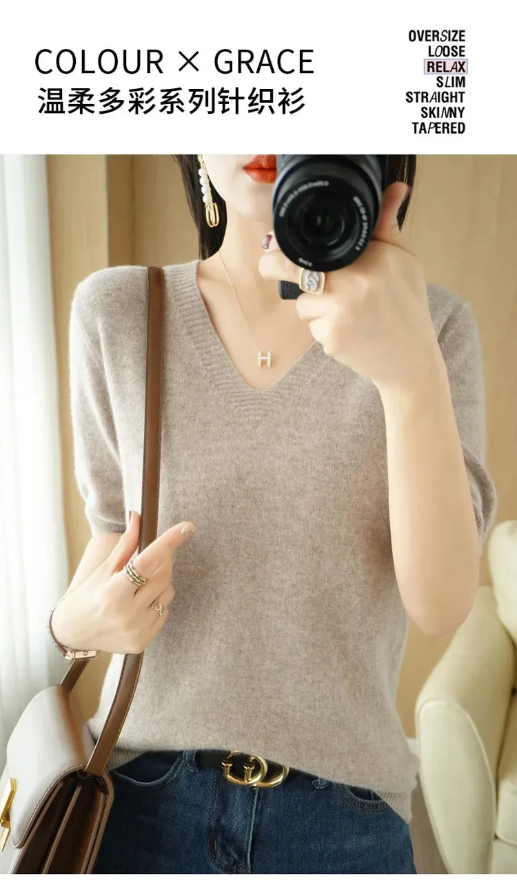 Solid Color V-neck Half-sleeved Knitted Cashmere Sweater Thin Casual Top