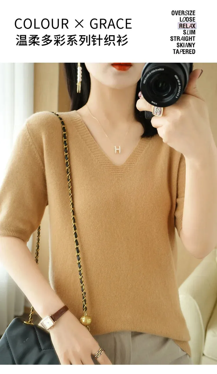 Solid Color V-neck Half-sleeved Knitted Cashmere Sweater Thin Casual Top