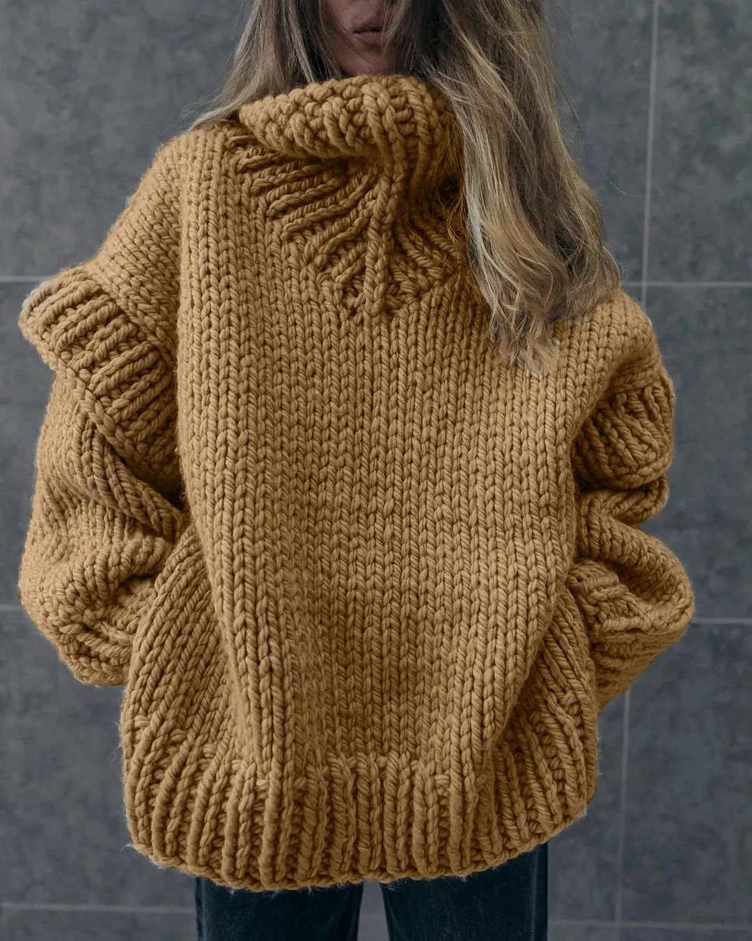 Solid Knit Turtleneck Double Lantern Sleeve Thick Warm Oversized Loose Fall Winter Sweater