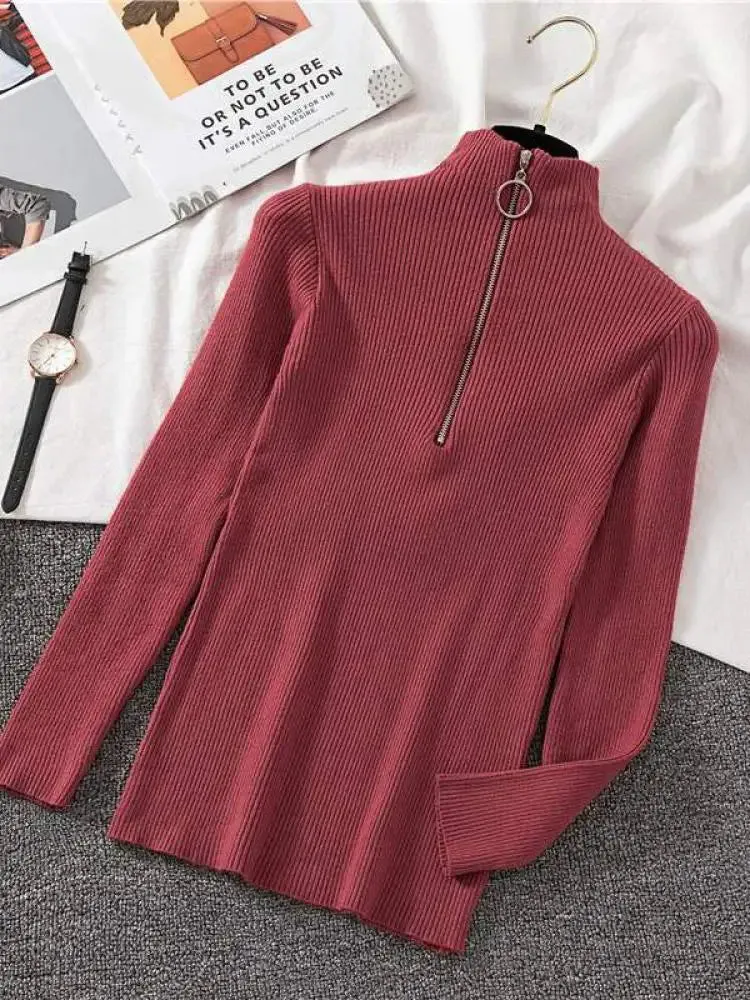 Solid Knitted Vintage Long Sleeve Zip-up Basic Half Turtleneck Sweater