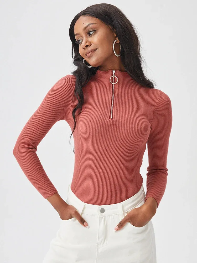 Solid Knitted Vintage Long Sleeve Zip-up Basic Half Turtleneck Sweater