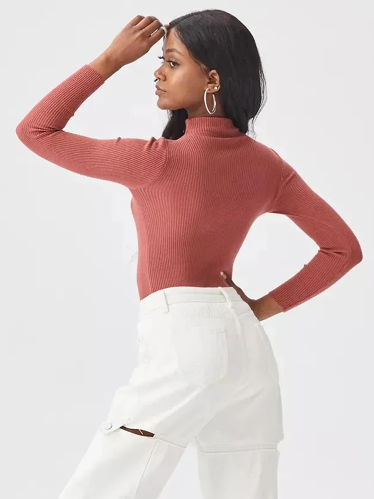 Solid Knitted Vintage Long Sleeve Zip-up Basic Half Turtleneck Sweater