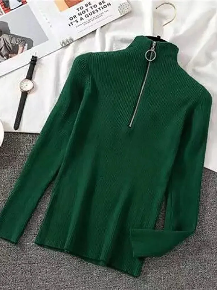 Solid Knitted Vintage Long Sleeve Zip-up Basic Half Turtleneck Sweater