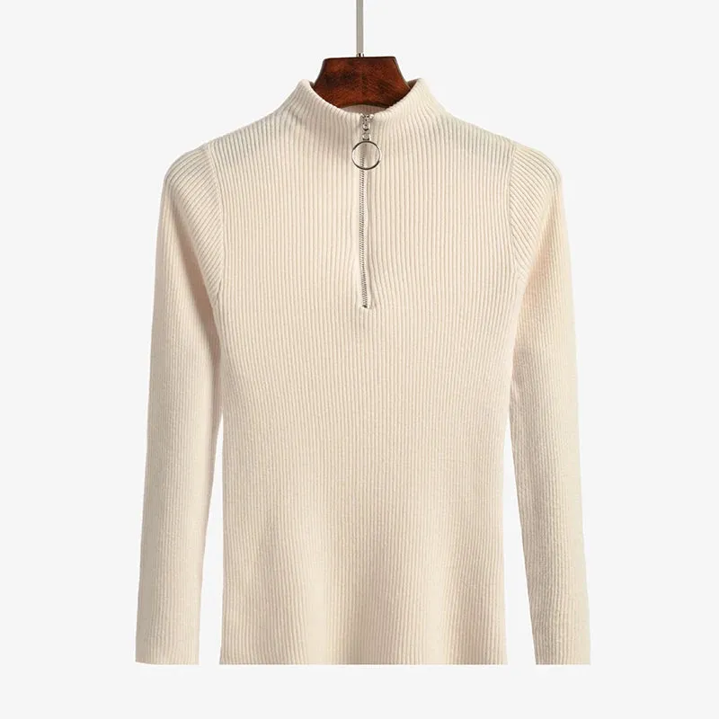 Solid Knitted Vintage Long Sleeve Zip-up Basic Half Turtleneck Sweater