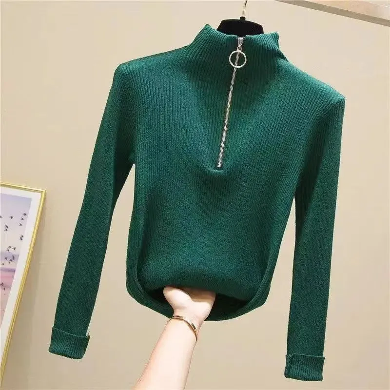 Solid Knitted Vintage Long Sleeve Zip-up Basic Half Turtleneck Sweater