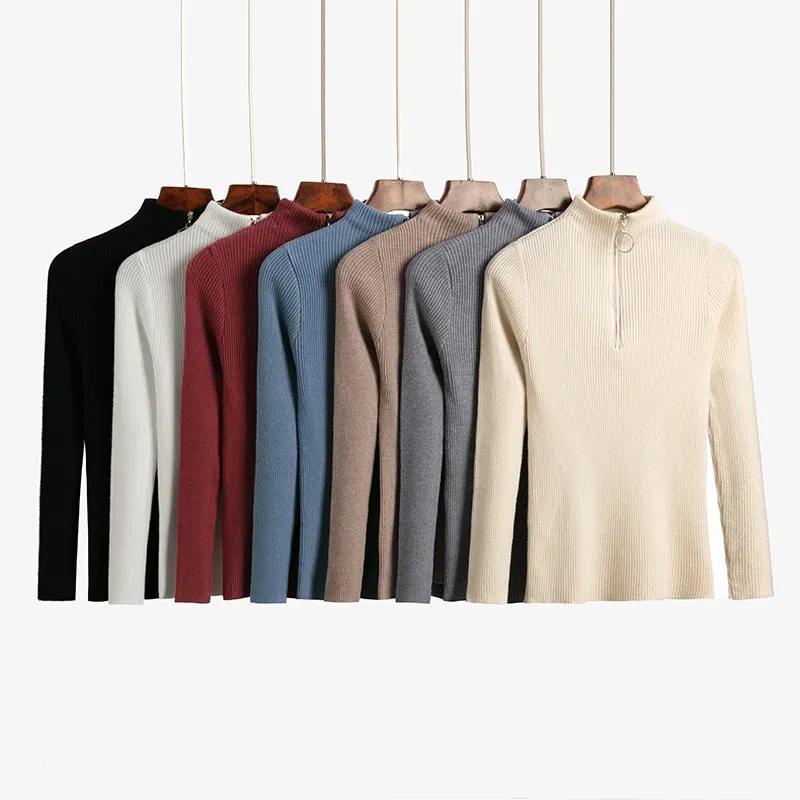 Solid Knitted Vintage Long Sleeve Zip-up Basic Half Turtleneck Sweater