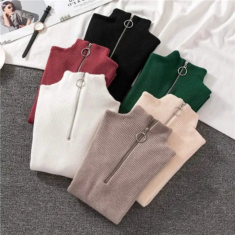 Solid Knitted Vintage Long Sleeve Zip-up Basic Half Turtleneck Sweater