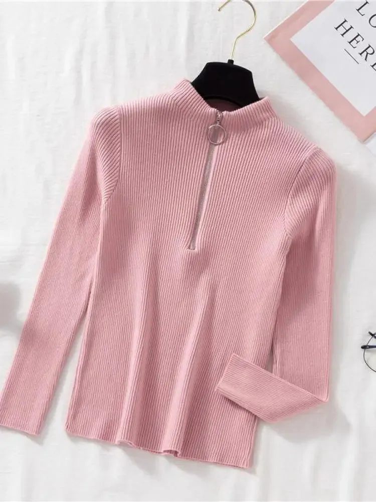 Solid Knitted Vintage Long Sleeve Zip-up Basic Half Turtleneck Sweater