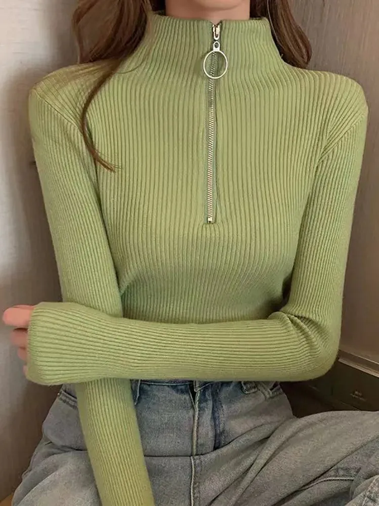 Solid Knitted Vintage Long Sleeve Zip-up Basic Half Turtleneck Sweater