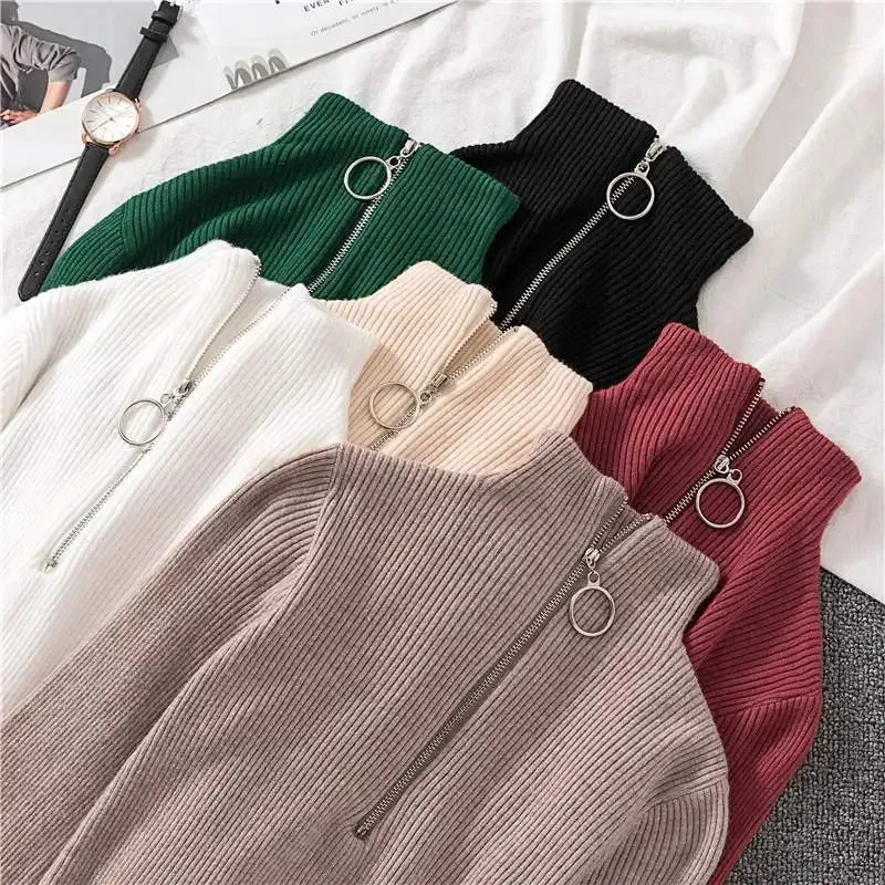 Solid Knitted Vintage Long Sleeve Zip-up Basic Half Turtleneck Sweater