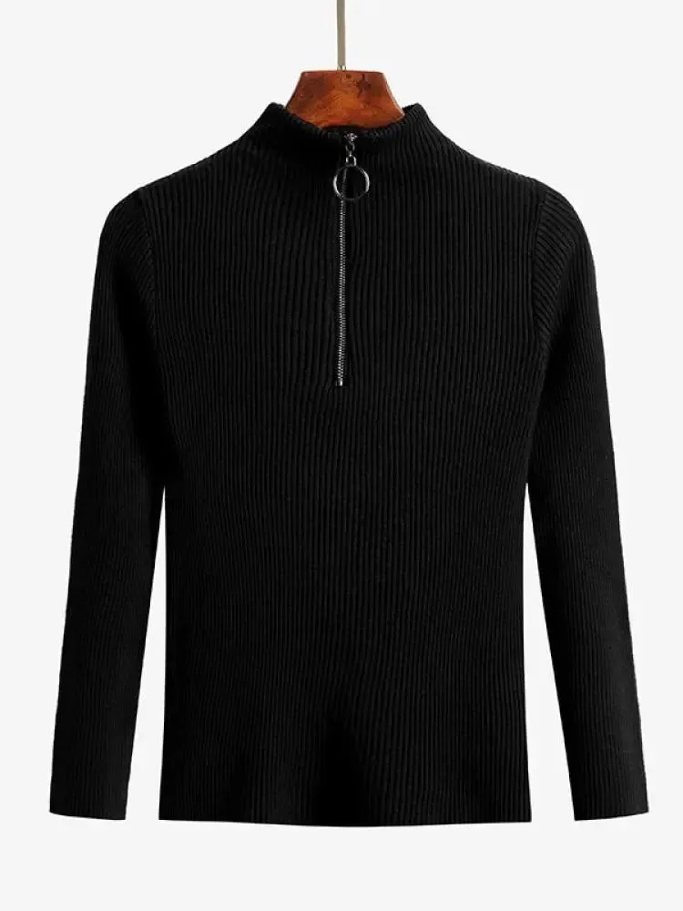 Solid Knitted Vintage Long Sleeve Zip-up Basic Half Turtleneck Sweater