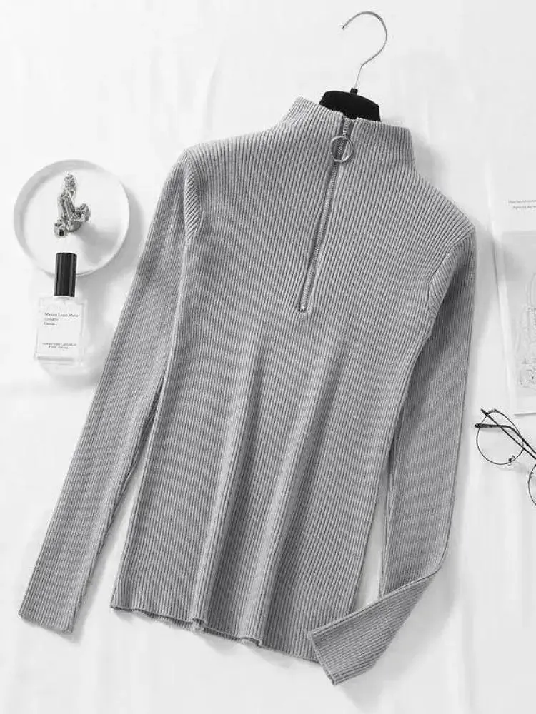 Solid Knitted Vintage Long Sleeve Zip-up Basic Half Turtleneck Sweater