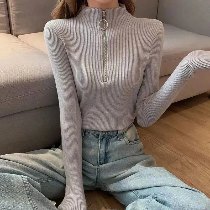 Solid Knitted Vintage Long Sleeve Zip-up Basic Half Turtleneck Sweater