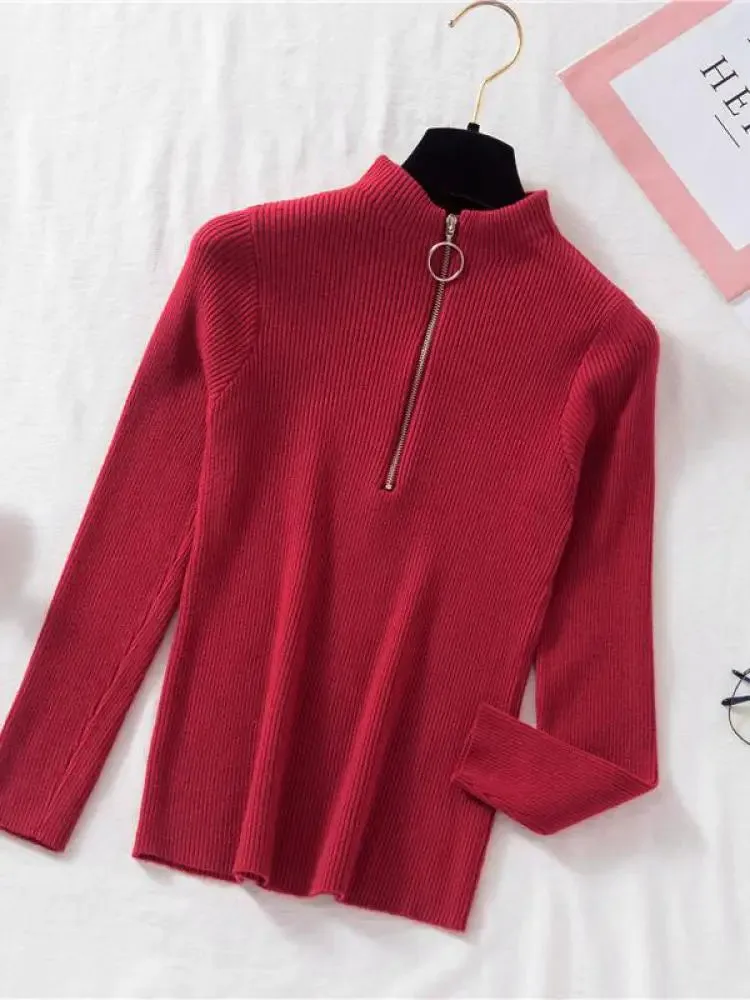 Solid Knitted Vintage Long Sleeve Zip-up Basic Half Turtleneck Sweater