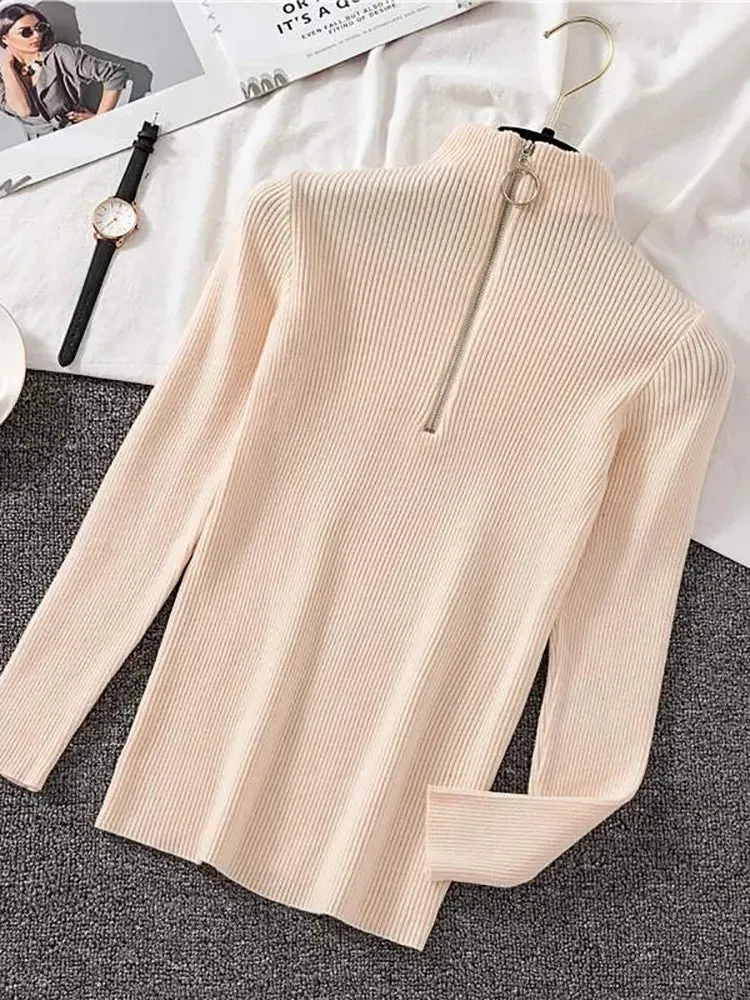 Solid Knitted Vintage Long Sleeve Zip-up Basic Half Turtleneck Sweater