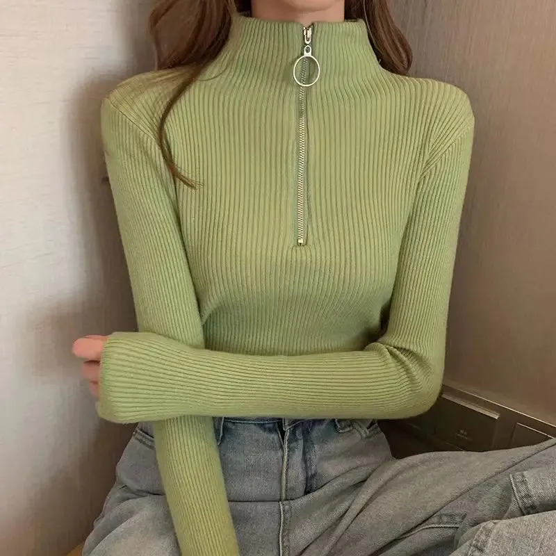 Solid Knitted Vintage Long Sleeve Zip-up Basic Half Turtleneck Sweater