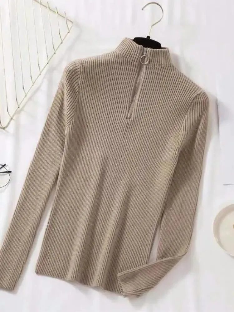 Solid Knitted Vintage Long Sleeve Zip-up Basic Half Turtleneck Sweater