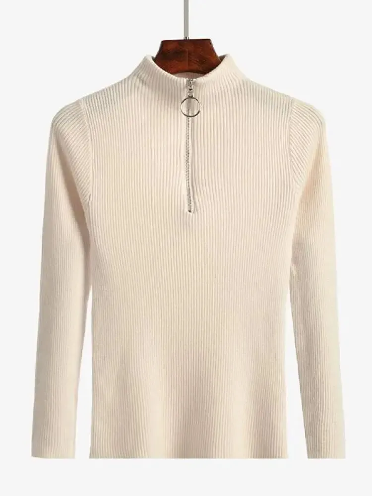 Solid Knitted Vintage Long Sleeve Zip-up Basic Half Turtleneck Sweater