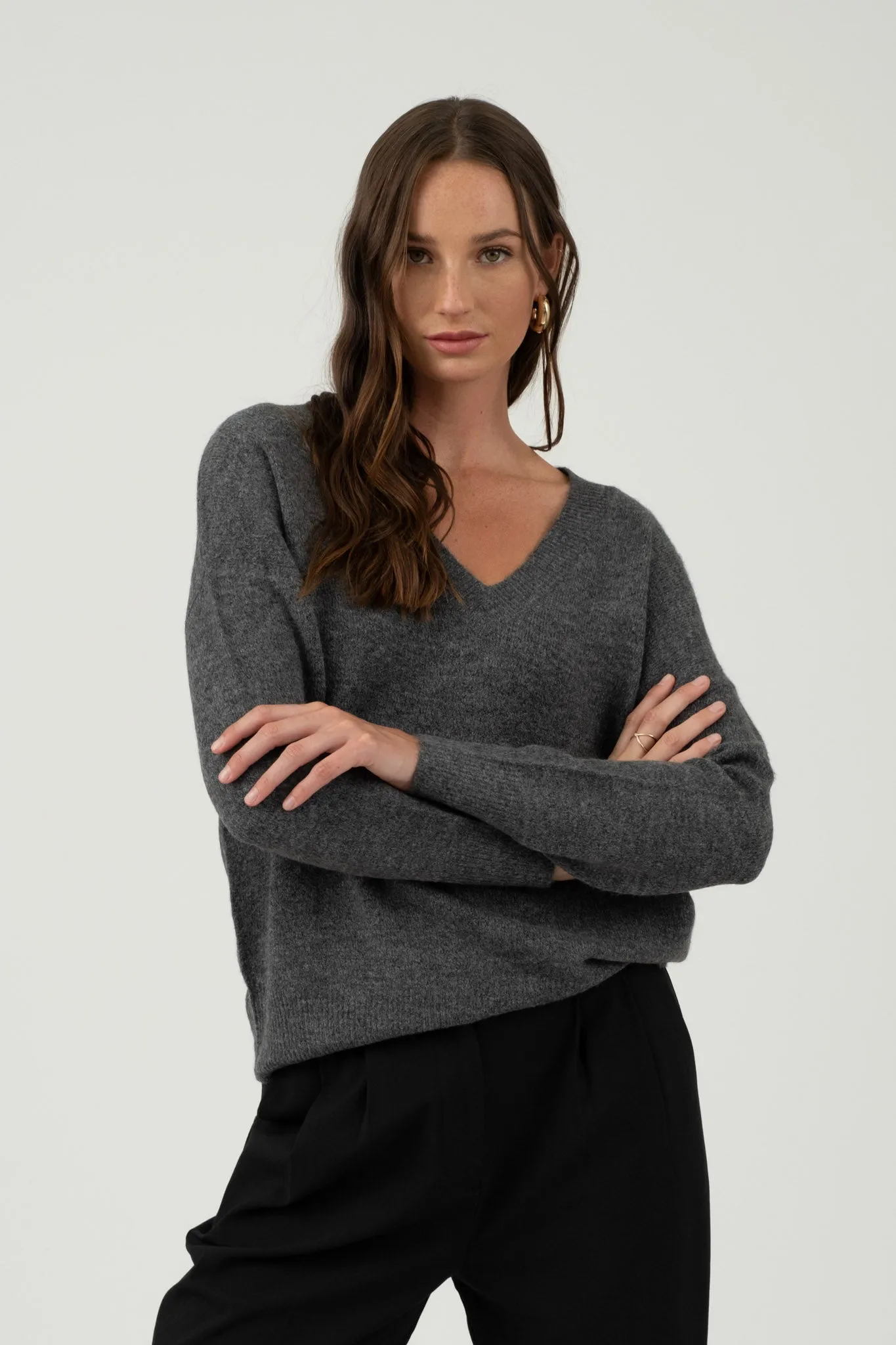 SOLID V NECK DROP SHOULDER KNIT SWEATER