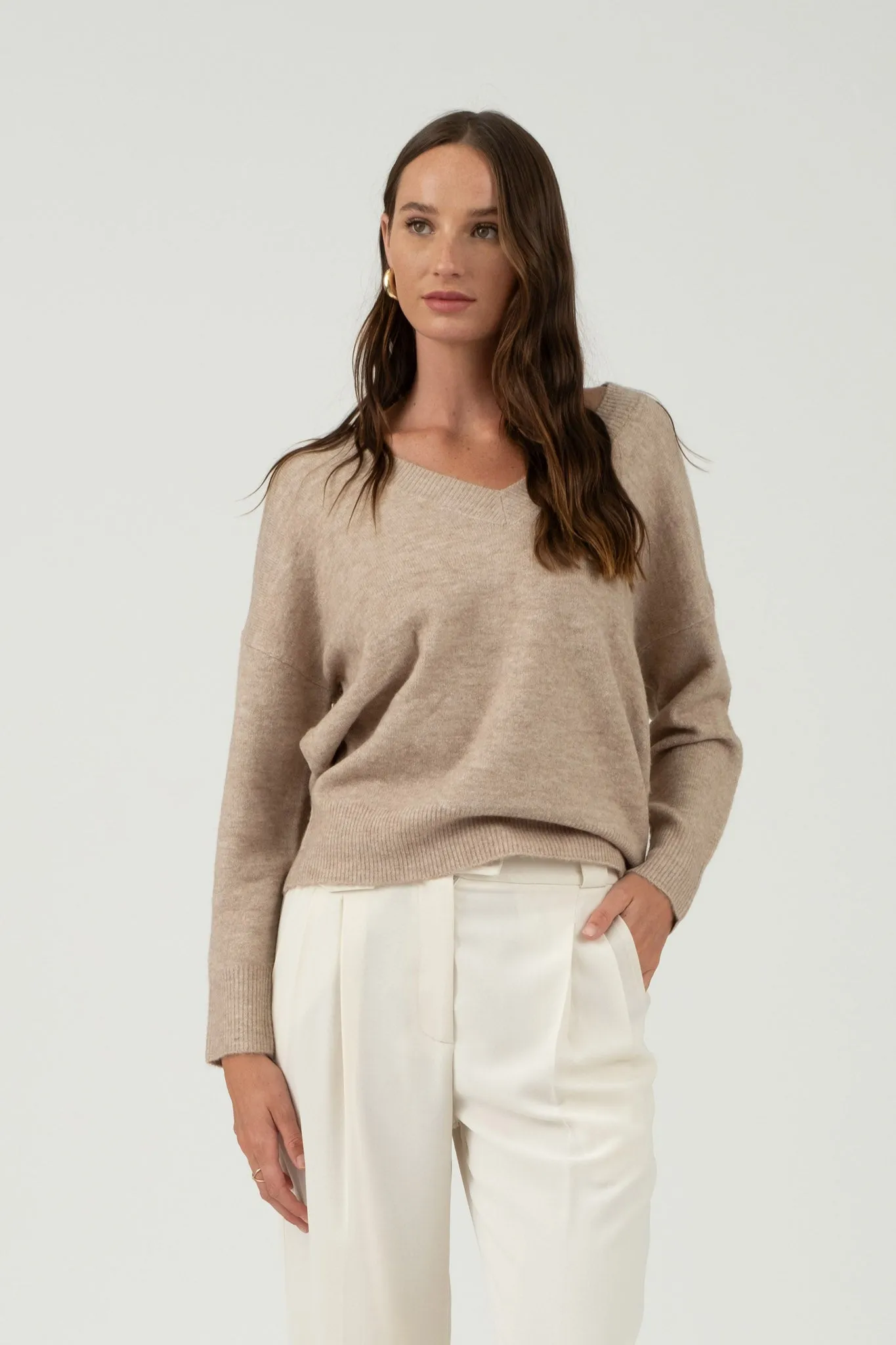 SOLID V NECK DROP SHOULDER KNIT SWEATER