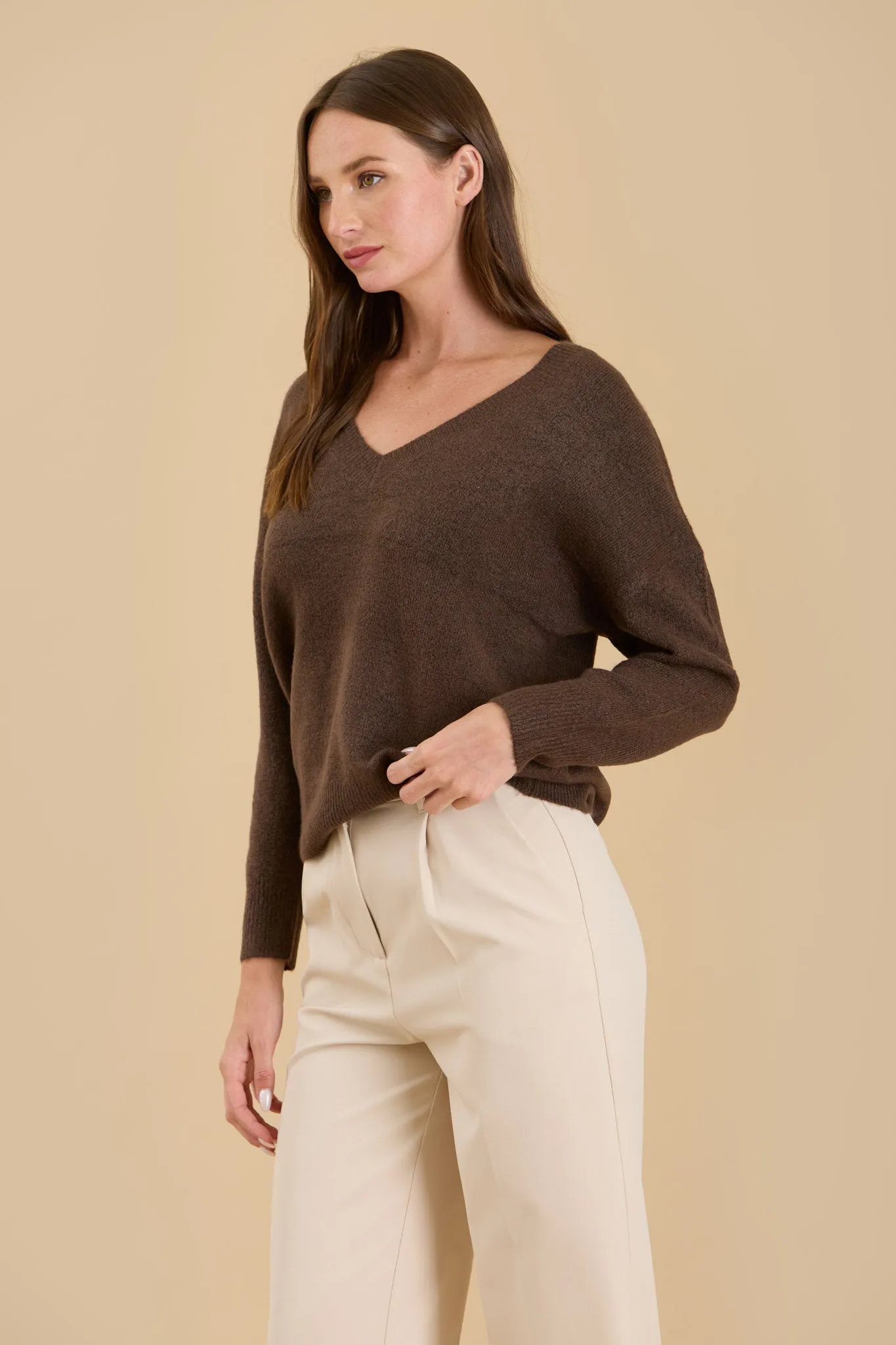 SOLID V NECK DROP SHOULDER KNIT SWEATER