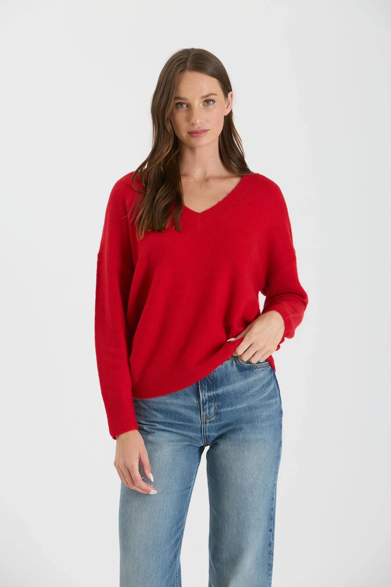 SOLID V NECK DROP SHOULDER KNIT SWEATER