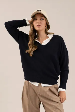 SOLID V NECK DROP SHOULDER KNIT SWEATER