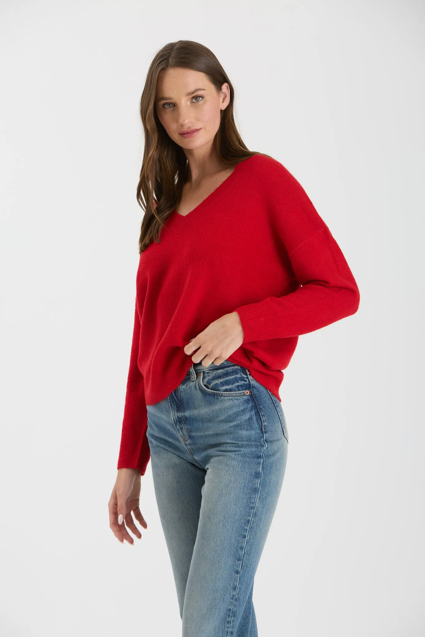 SOLID V NECK DROP SHOULDER KNIT SWEATER