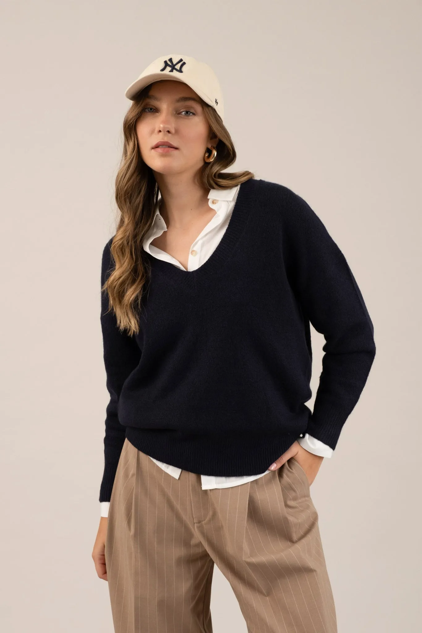 SOLID V NECK DROP SHOULDER KNIT SWEATER