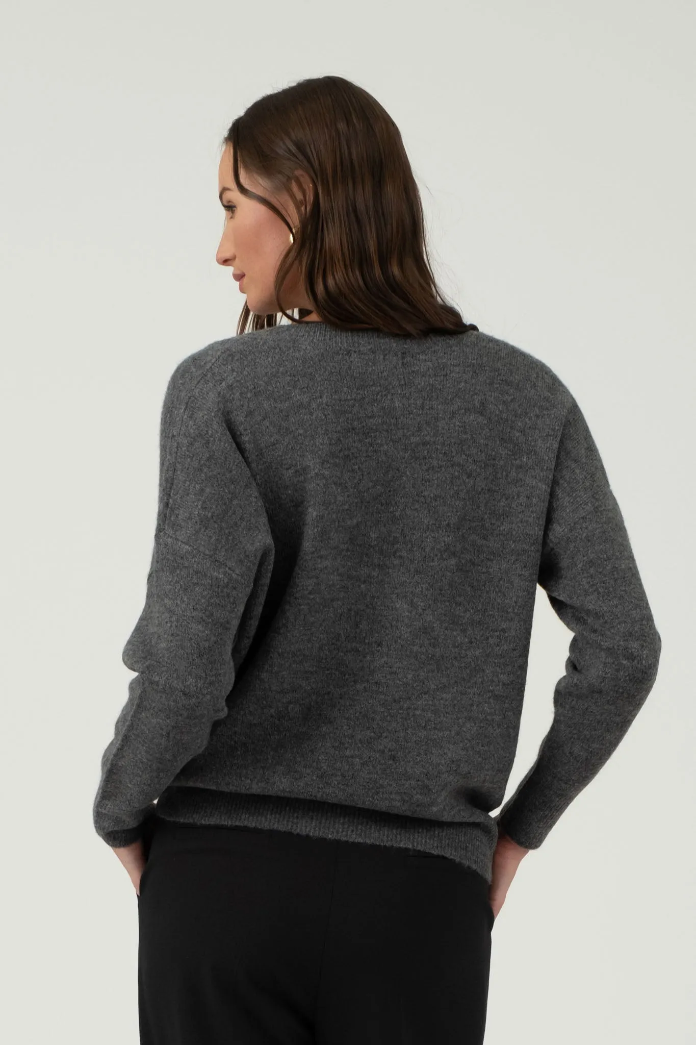 SOLID V NECK DROP SHOULDER KNIT SWEATER