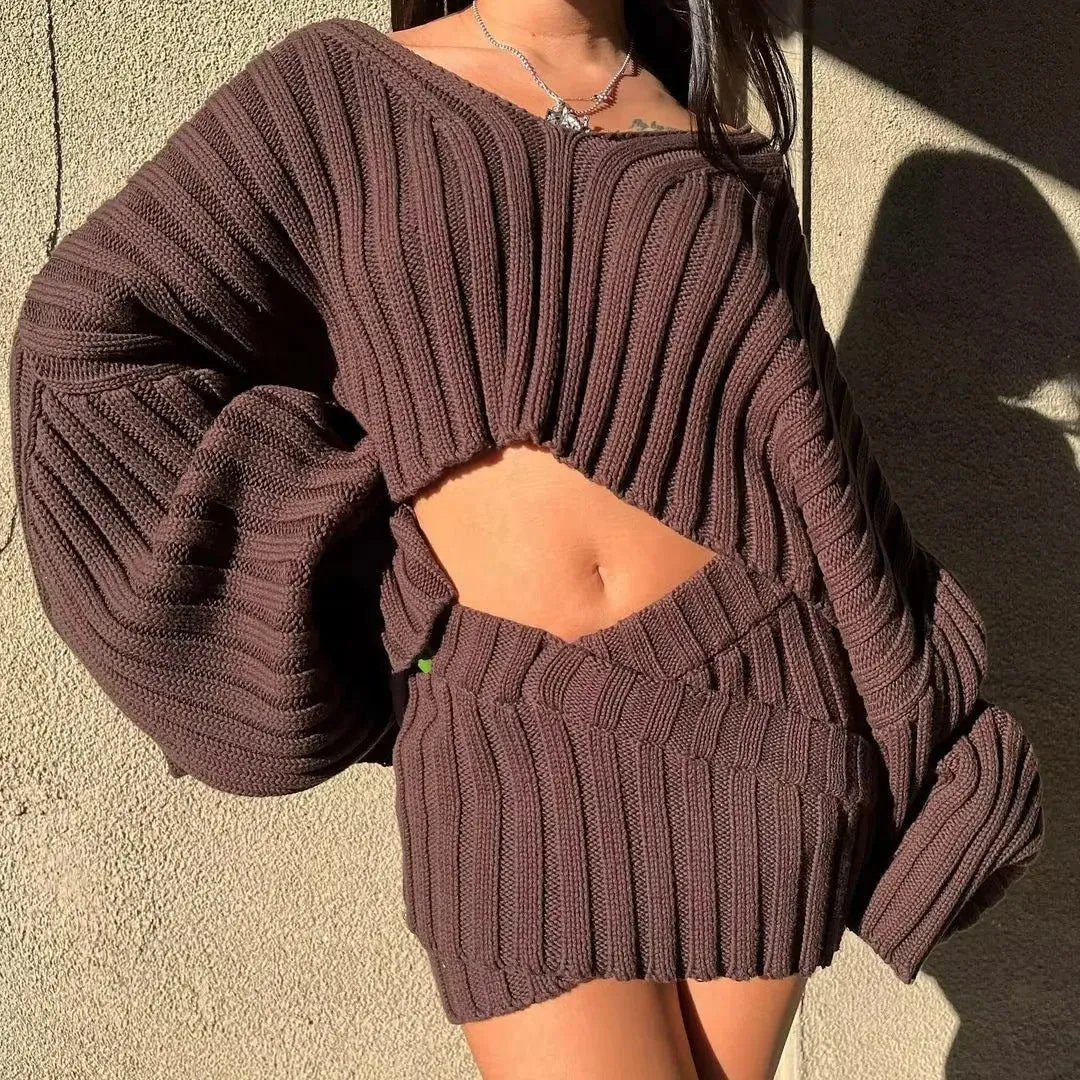 Spice Girl Short Loose Doll Sleeve Knit Sweater Sweater   Cross Knit Bag Hip Skirt Suit Women's Autumn