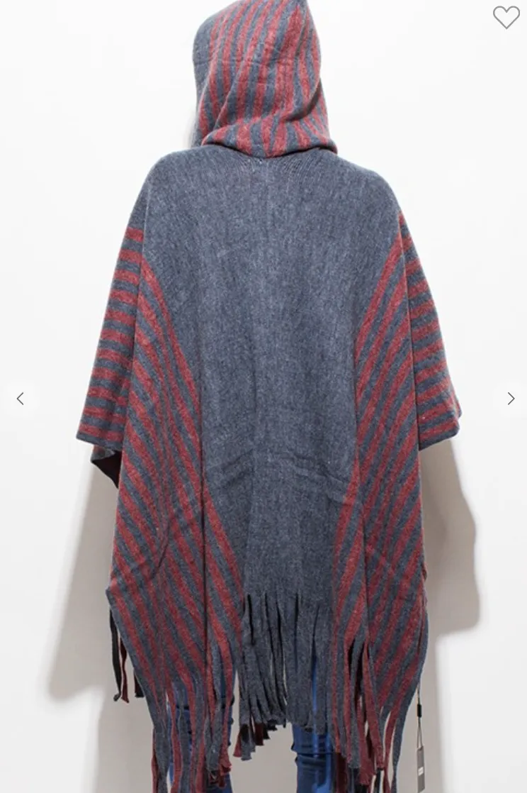 Stone Grey/Wine Striped Hooded Fringe Trim Poncho