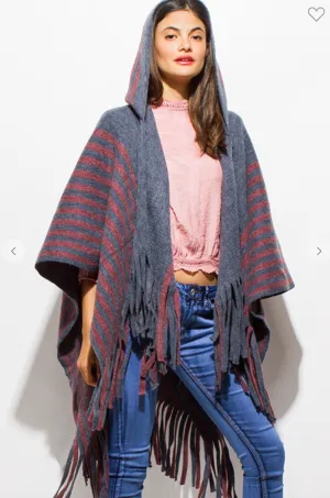 Stone Grey/Wine Striped Hooded Fringe Trim Poncho