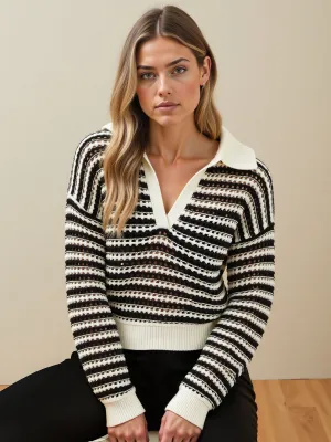 Stripe Collared Long Sleeve Crochet Knit Sweater