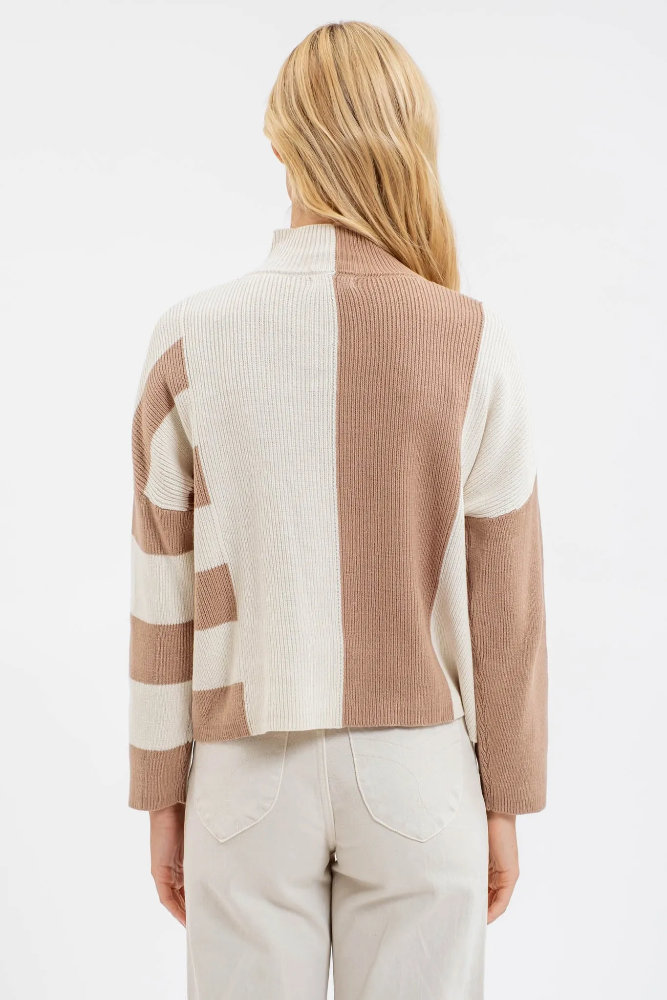 STRIPE COLORBLOCK MOCK NECK KNIT SWEATER