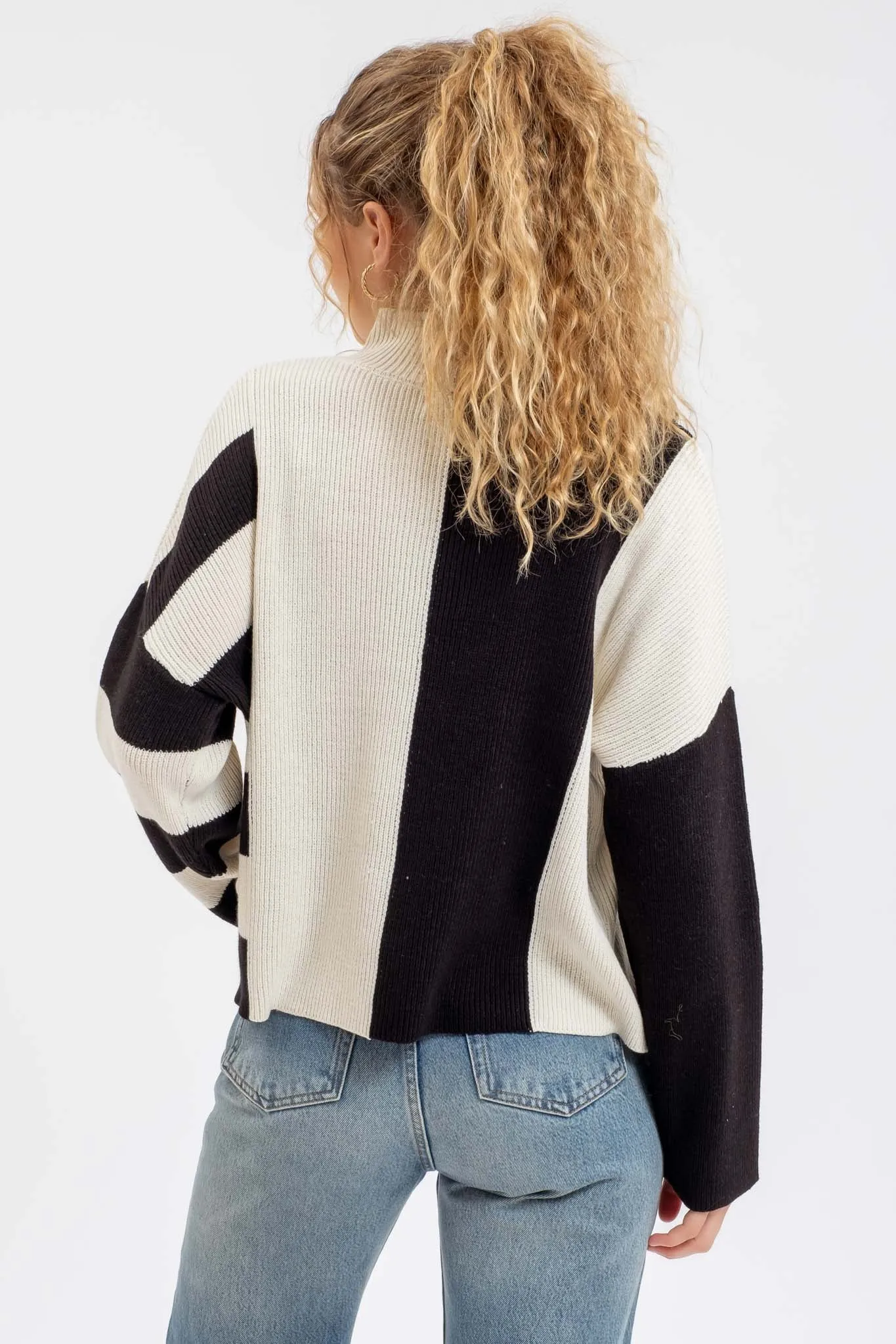 STRIPE COLORBLOCK MOCK NECK KNIT SWEATER