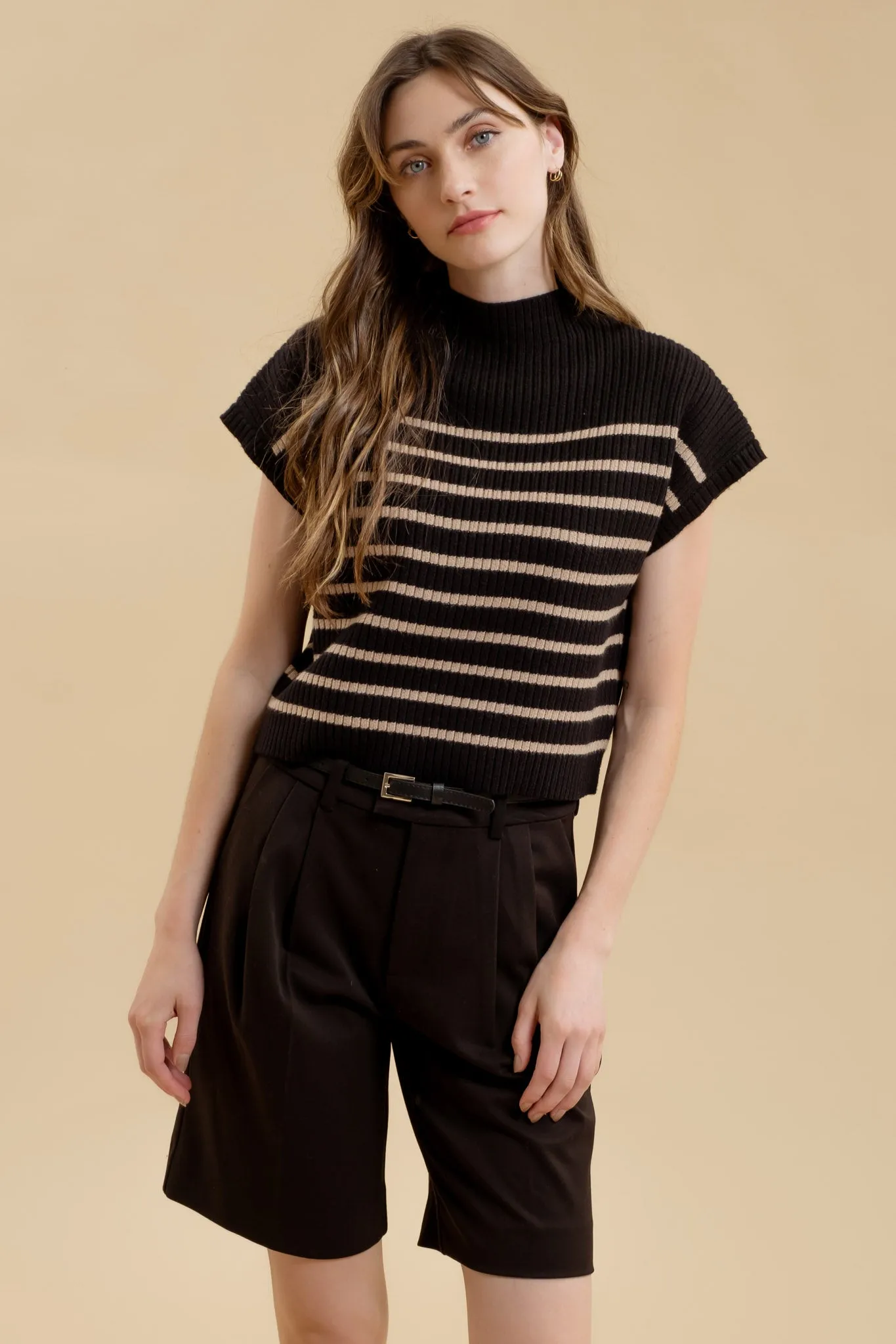 STRIPE FUNNEL NECK DROP SHOULDER SWEATER KNIT TOP