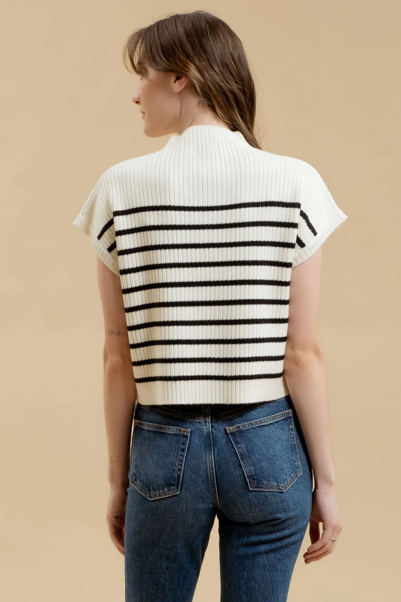 STRIPE FUNNEL NECK DROP SHOULDER SWEATER KNIT TOP