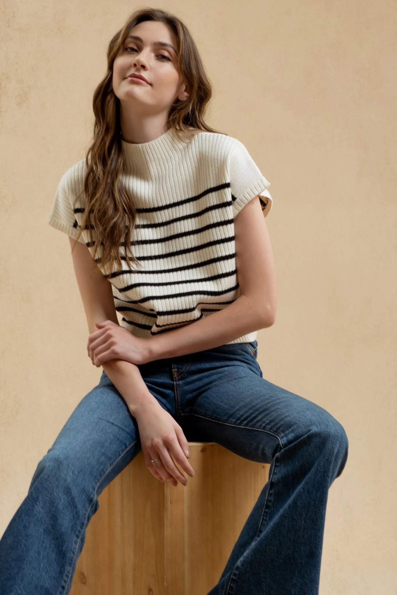 STRIPE FUNNEL NECK DROP SHOULDER SWEATER KNIT TOP