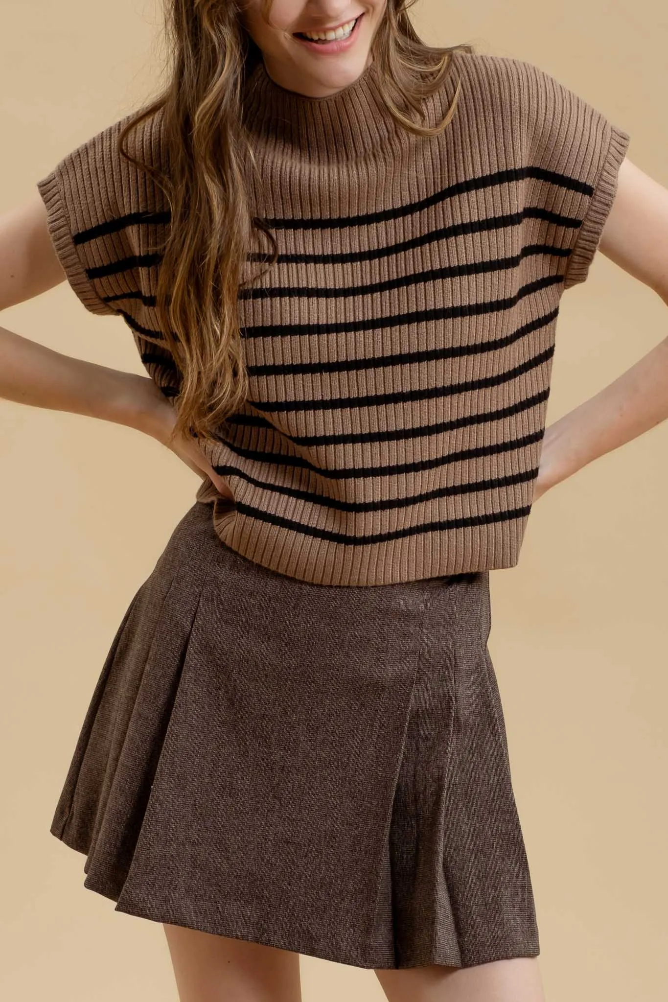 STRIPE FUNNEL NECK DROP SHOULDER SWEATER KNIT TOP