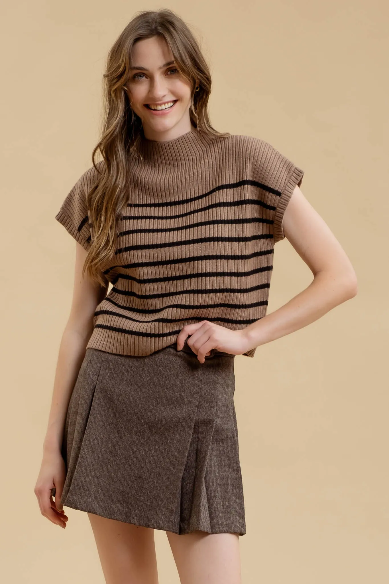 STRIPE FUNNEL NECK DROP SHOULDER SWEATER KNIT TOP