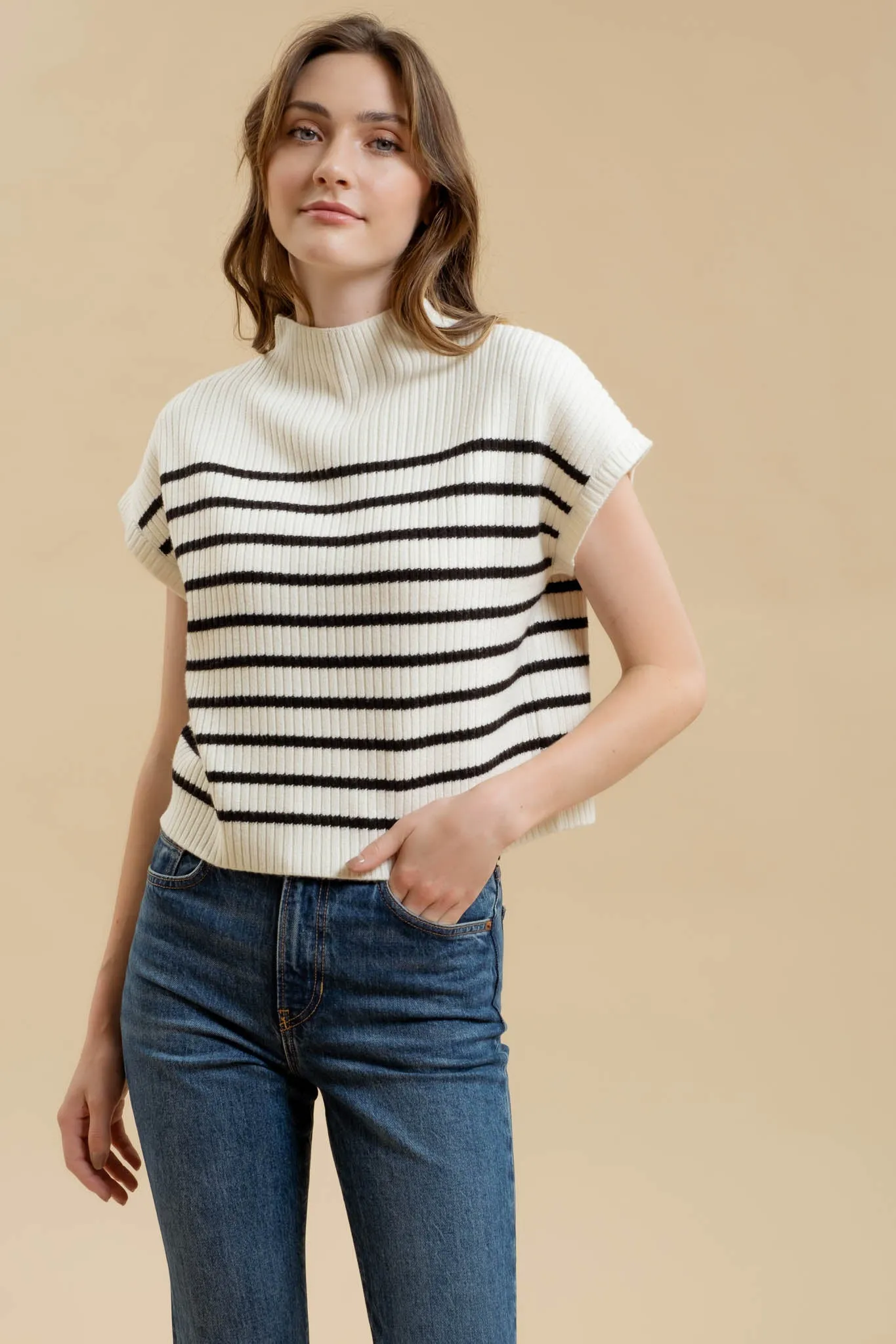 STRIPE FUNNEL NECK DROP SHOULDER SWEATER KNIT TOP