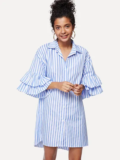 Stripe ruffle sleeve shirt dress