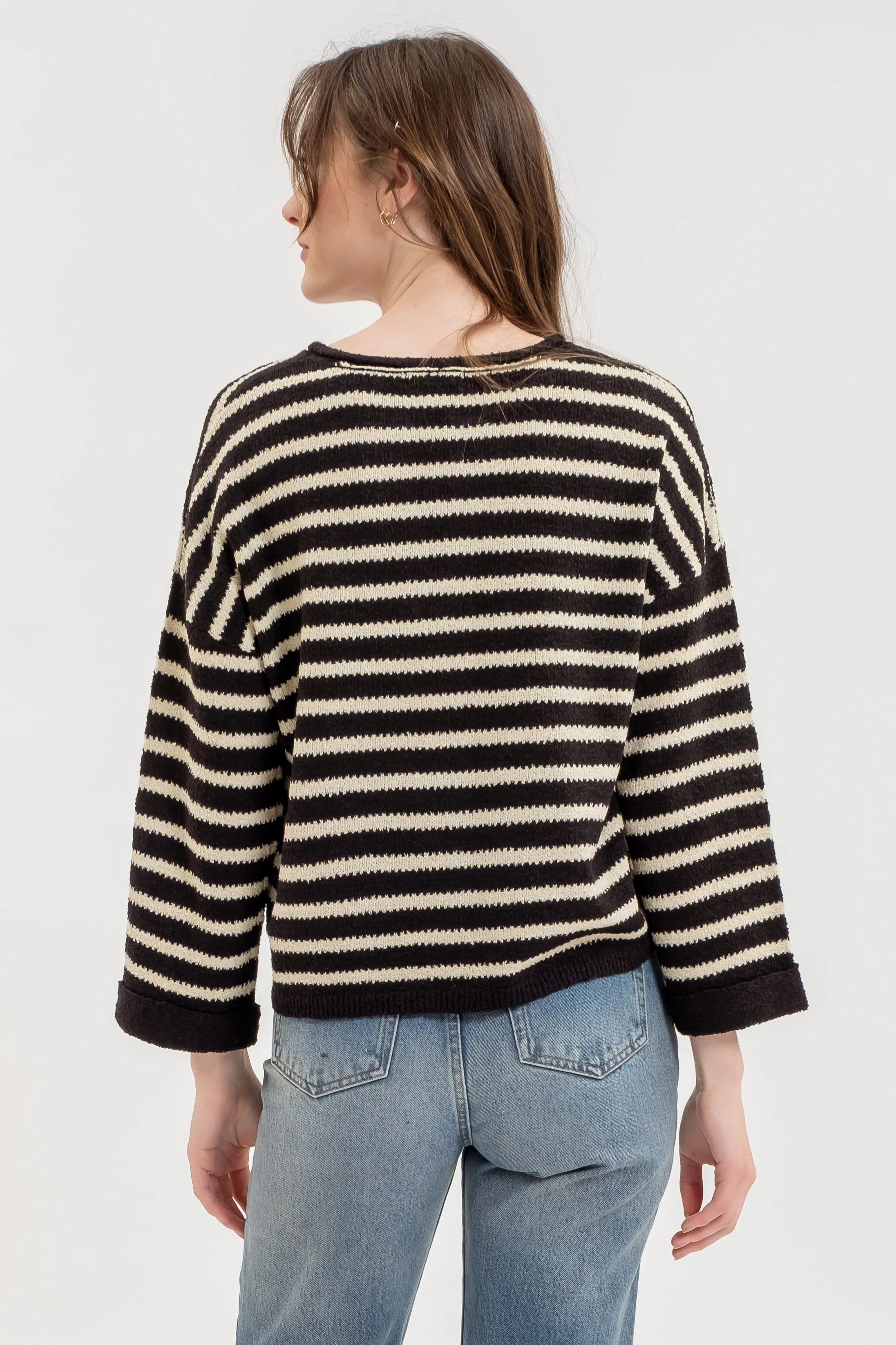 STRIPE SPLIT NECK LONG SLEEVE KNIT SWEATER