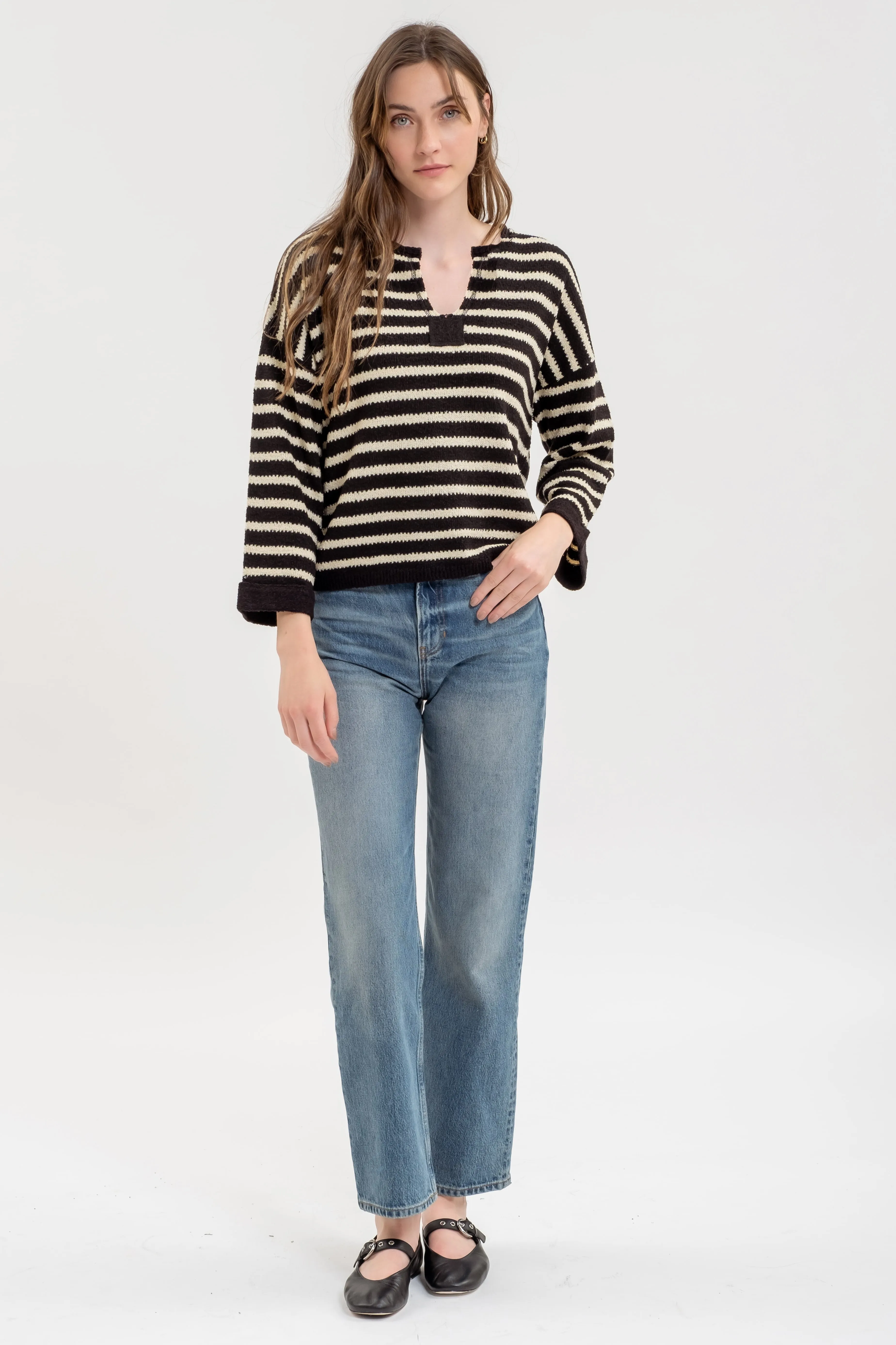 STRIPE SPLIT NECK LONG SLEEVE KNIT SWEATER