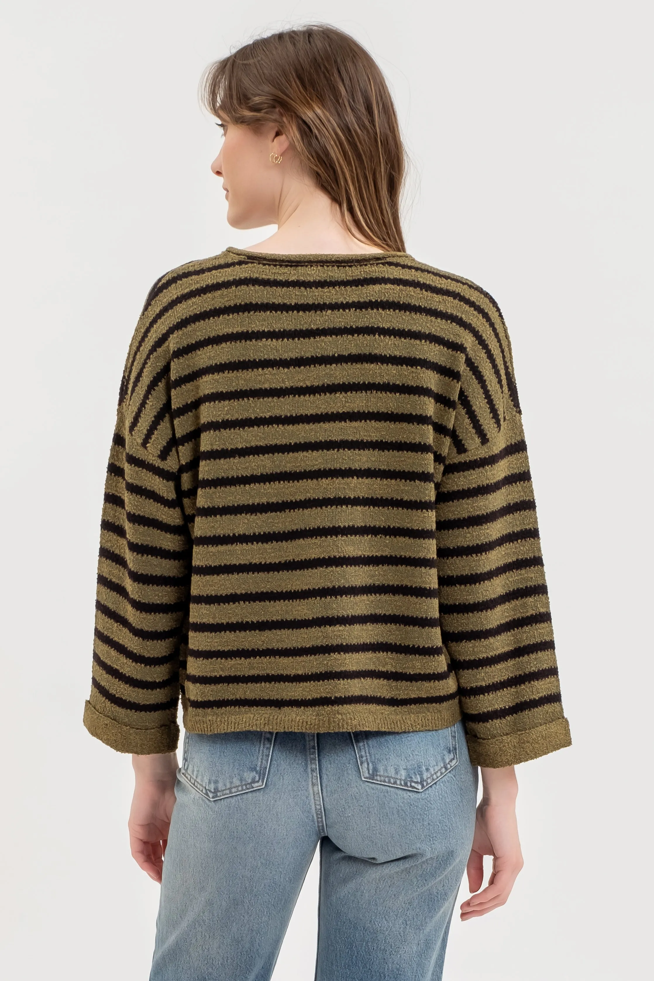 STRIPE SPLIT NECK LONG SLEEVE KNIT SWEATER